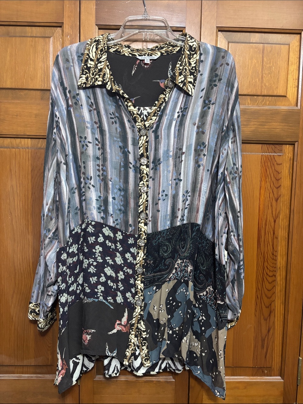John Mark Patchwork Button-Down Shirt in Blue, Black, Cream and Gray